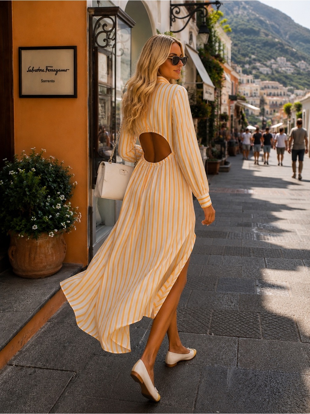 FERRAGAMO Striped Shirt Dress In White + Yellow Silk, $1375, New With Tags - Picture 2 of 6